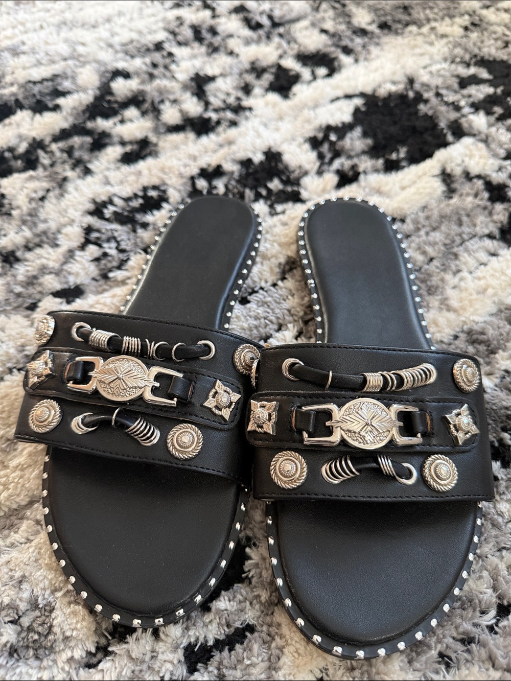 Black Embellished Slide Sandals - Women's Stylish Comfort